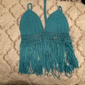 LF Turquoise crochet fringe halter crop top